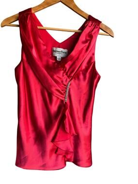 Vtg 90s Another Thyme Womens Top Size S Red Satin V Neck Sexy Cocktail Blouse